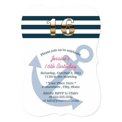 Gold Sixteen Nautical Stripes Sweet 16 5x7 Paper Invitation Card (front side)
