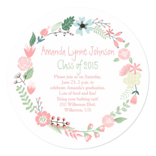 Cute Pink Green Flowers Wreath Graduation Invite 5.25" Square Invitation Card