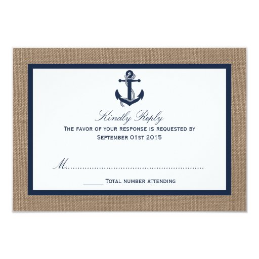 The Navy Anchor On Burlap Beach Wedding Collection 3.5x5 Paper Invitation Card (front side)