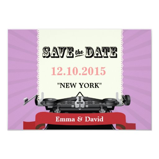 Vintage Typewriter Purple Save the Date Cards 3.5" X 5" Invitation Card (front side)