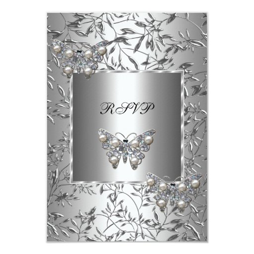RSVP Elegant Silver Floral Butterfly Jewel 3.5x5 Paper Invitation Card