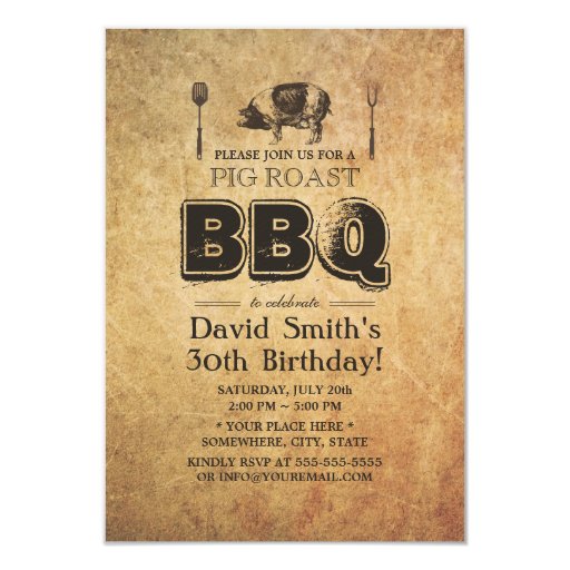Vintage Rusty Grunge Pig Roast BBQ Birthday Party 3.5x5 Paper Invitation Card (front side)