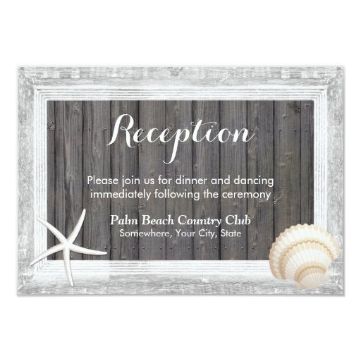 Rustic Wood Frame Seashell Beach Wedding Reception 3.5x5 Paper Invitation Card (front side)
