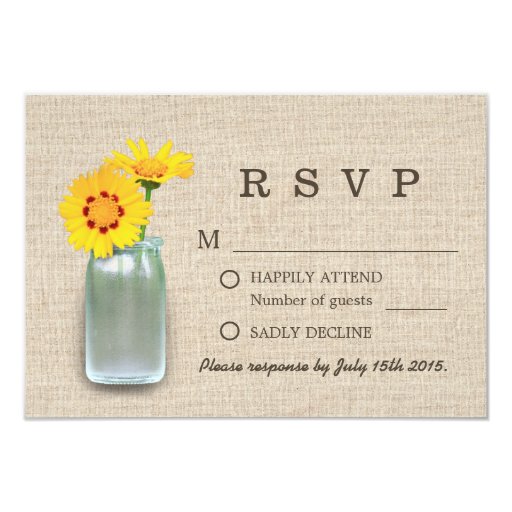 Rustic Yellow Daisy Mason Jar Burlap Wedding RSVP 3.5x5 Paper Invitation Card (front side)