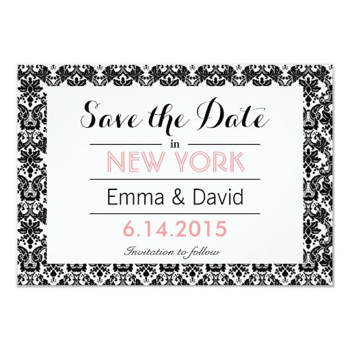 Elegant Black & White Damask Save the Date 3.5x5 Paper Invitation Card (front side)