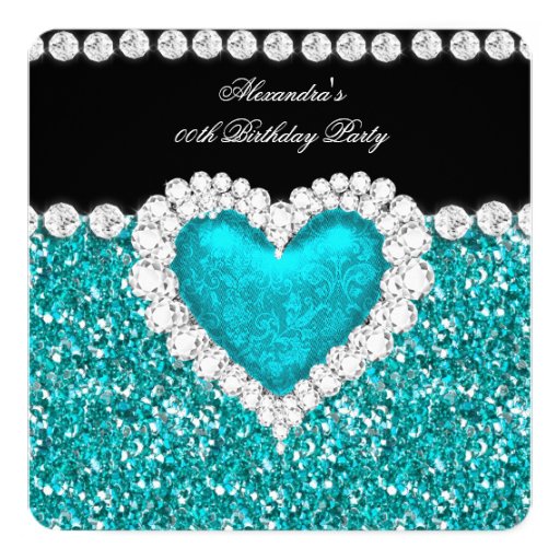 Elegant Glitter Teal Blue Heart Birthday Party 5.25x5.25 Square Paper Invitation Card