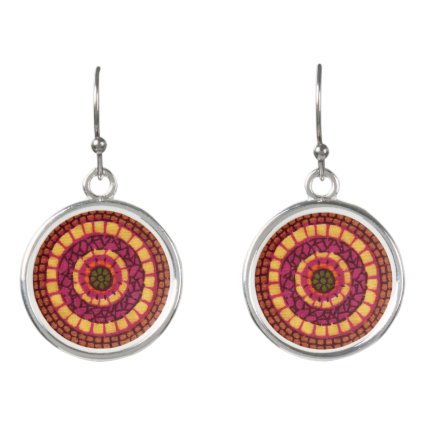 Red Yellow Mosaic Mandala Abstract Drop Earrings