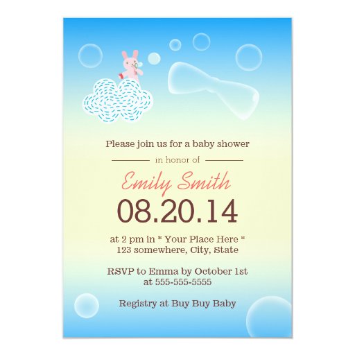 Lil Bunny Playing Bubbles Baby Shower Invitations 5" X 7" Invitation Card (front side)