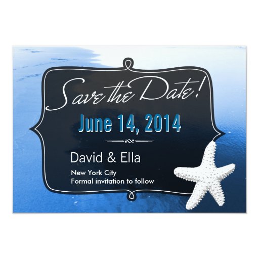 Blue Beach & Starfish Save the Date Announcement 5" X 7" Invitation Card (front side)