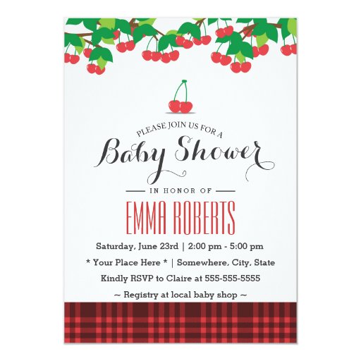 Sweet Cherries Picnic Gingham Baby Shower 5x7 Paper Invitation Card