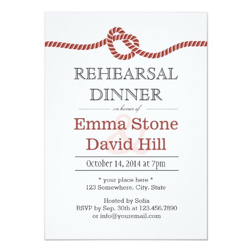 Simple Red Rope Knot Rehearsal Dinner 5x7 Paper Invitation Card (front side)