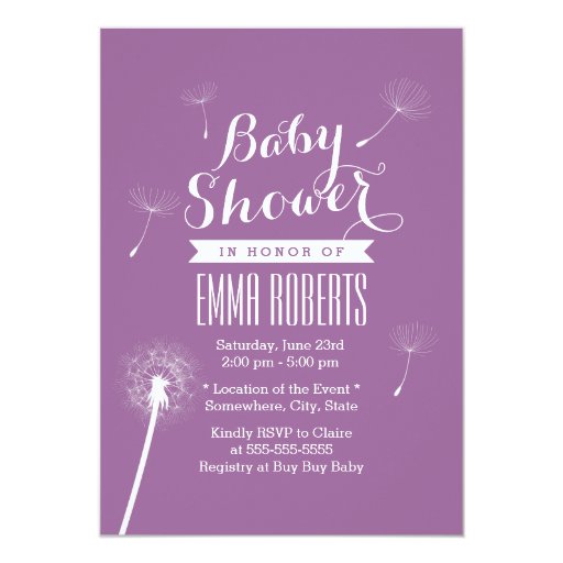 Classy Violet Dandelion Baby Shower Invitations 5" X 7" Invitation Card