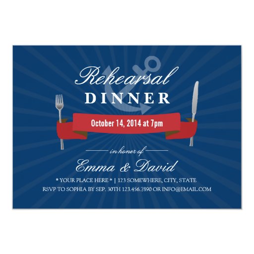Nautical Navy Blue Wedding Rehearsal Dinner Invite 5" X 7" Invitation Card
