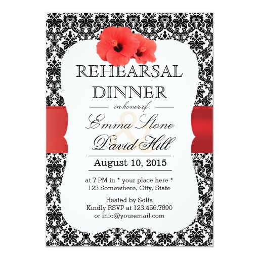 Classy Damask Red Hibiscus Rehearsal Dinner 5x7 Paper Invitation Card (front side)