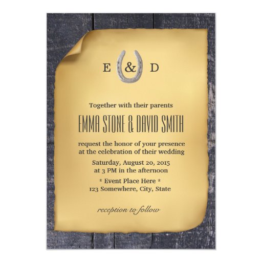 Country Rustic Horseshoe Barn Wood Wedding 5x7 Paper Invitation Card