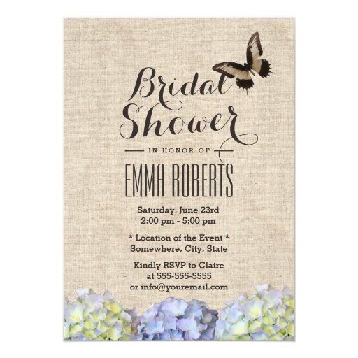 Butterfly & Spring Flowers Burlap Bridal Shower 5x7 Paper Invitation Card