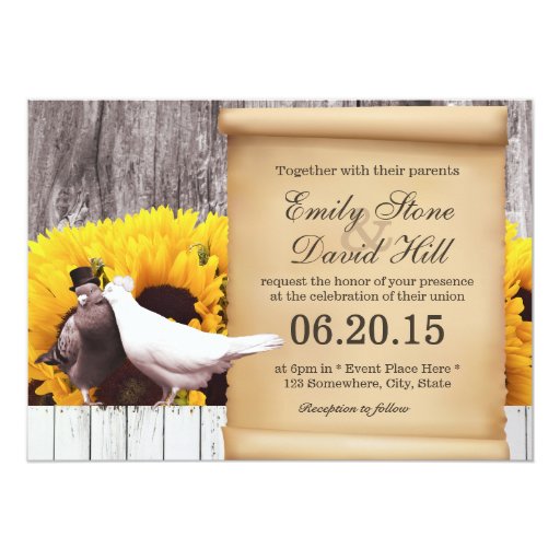Rustic Love Birds Sunflowers Wedding Invitations 5" X 7" Invitation Card