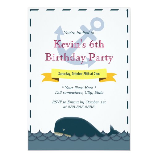 Nautical Anchor & Blue Whale Birthday Invitations 5" X 7" Invitation Card (front side)