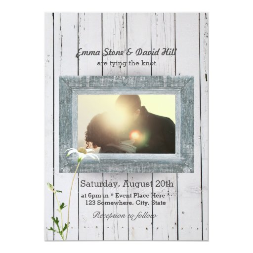 Country Daisy & Weathered Wood Photo Wedding 5x7 Paper Invitation Card (front side)