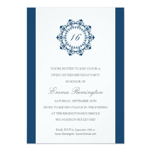 Elegant Navy Blue Birthday Party 5x7 Paper Invitation Card