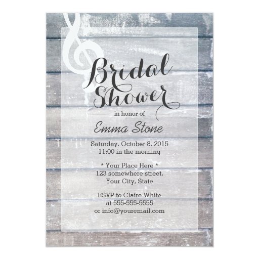 Stylish Weathered Wood Musical Bridal Shower 5x7 Paper Invitation Card (front side)
