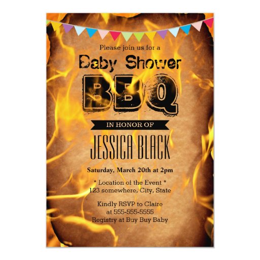 Flaming Fire Baby Shower BBQ Party Invitations 5" X 7" Invitation Card (front side)