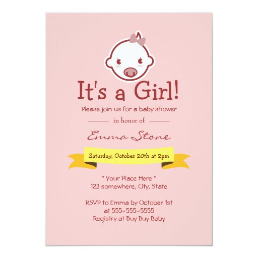 It's a Girl Pink Baby Shower Invitations 5" X 7" Invitation Card (front side)