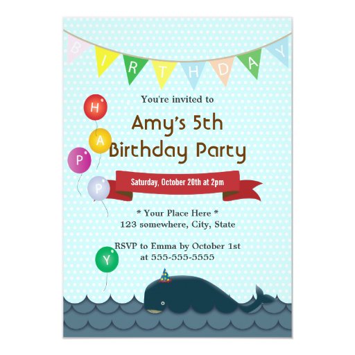 Cute Whale Baby Blue Birthday Invitations 5" X 7" Invitation Card