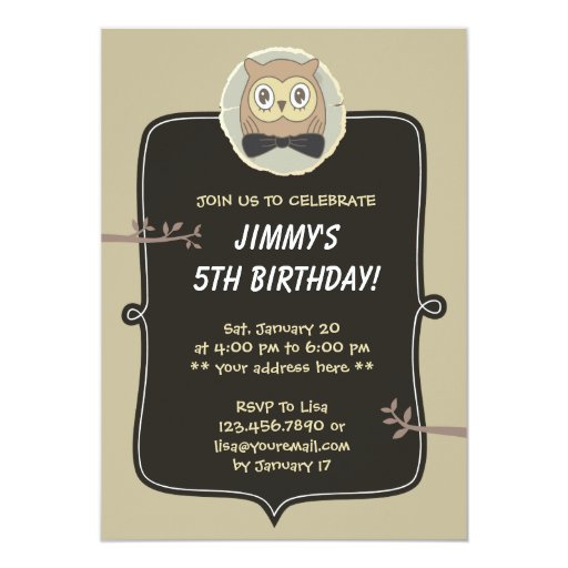 Cute Owl & Tree 5th Birthday Party Invitation 5" X 7" Invitation Card (front side)