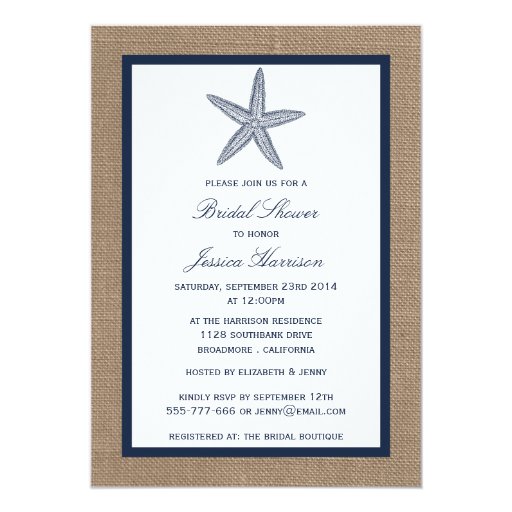 Navy Starfish Beach Burlap Bridal Shower 5x7 Paper Invitation Card