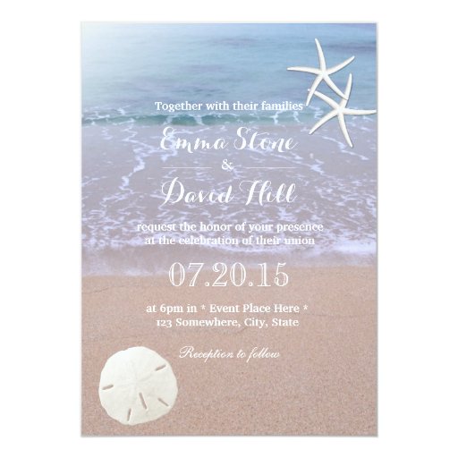 Stylish Sand Dollar & Starfish Beach Wedding 5x7 Paper Invitation Card (front side)