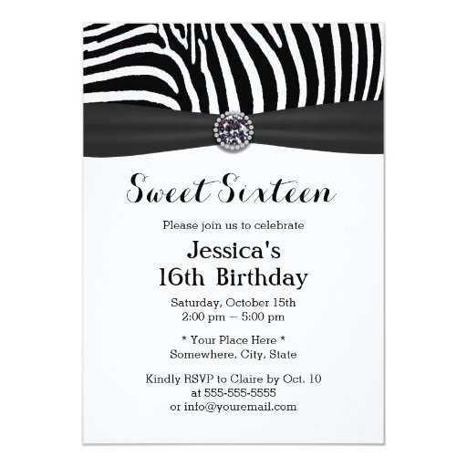 Simple Black & White Zebra Stripes Sweet 16 5x7 Paper Invitation Card (front side)