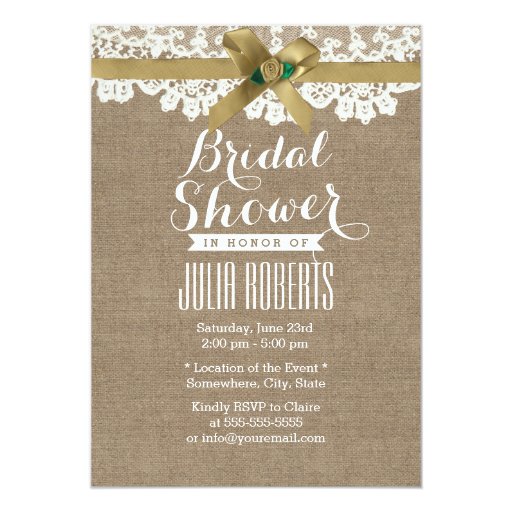 Rustic Gold Ribbon Burlap Bridal Shower 5x7 Paper Invitation Card