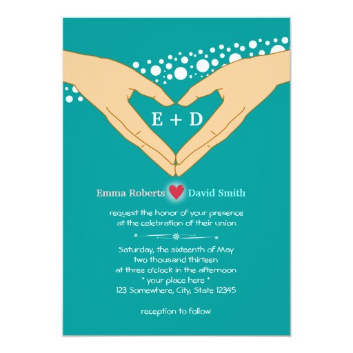 Classy Hand Heart Teal Green Wedding Invitations 5" X 7" Invitation Card