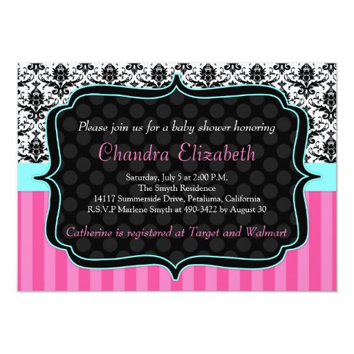 Pink, Elegant, Damask Baby Shower Invitation 5" X 7" Invitation Card (front side)