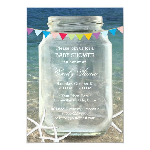 Mason Jar & Starfish Blue Sea Beach Baby Shower 5x7 Paper Invitation Card