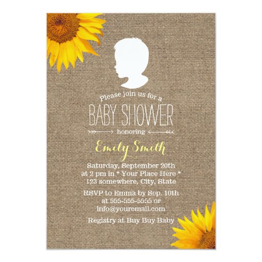 Baby Boy Rustic Burlap Sunflowers Baby Shower 5x7 Paper Invitation Card