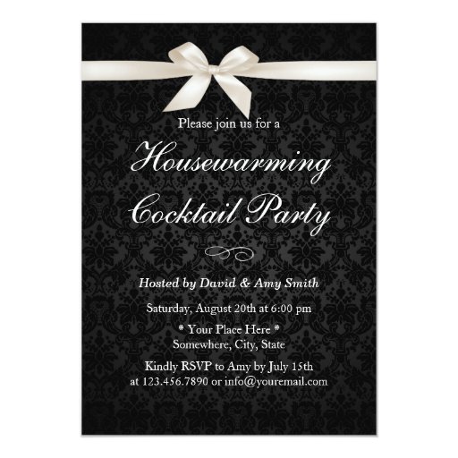 Classy Ivory Ribbon Dark Damask Housewarming Party 5x7 Paper Invitation Card (front side)