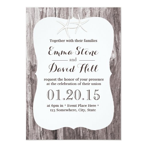 Rustic Starfish Driftwood Background Wedding 5x7 Paper Invitation Card (front side)