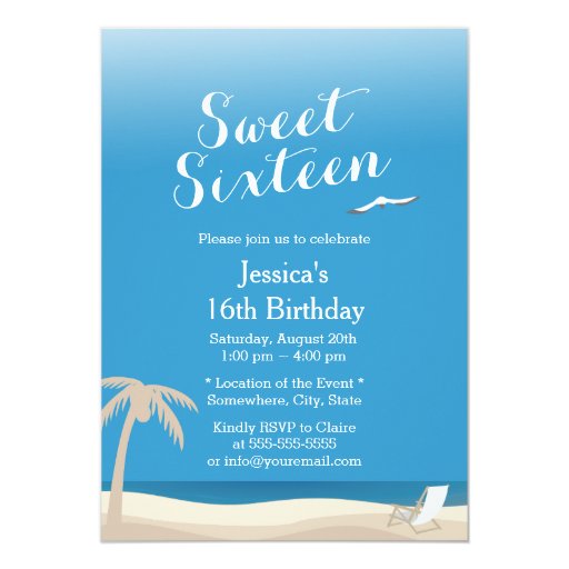 Tropical Blue Sky Beach Theme Sweet 16 5x7 Paper Invitation Card (front side)