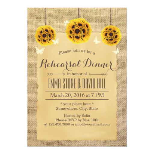 Rustic Sunflowers & Butterfly Rehearsal Dinner 5x7 Paper Invitation Card (front side)