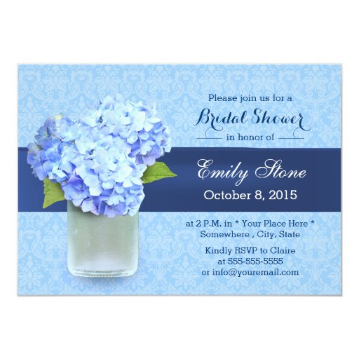 Elegant Blue Belt Hydrangea Damask Bridal Shower 5x7 Paper Invitation Card (front side)