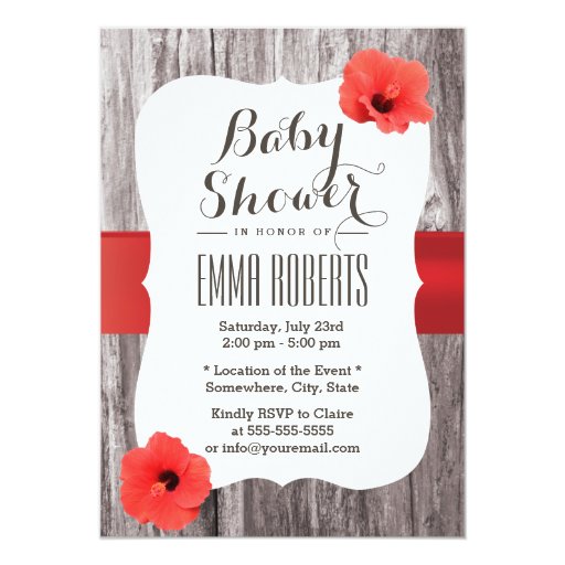 Tropical Red Hibiscus Wood Background Baby Shower 5x7 Paper Invitation Card