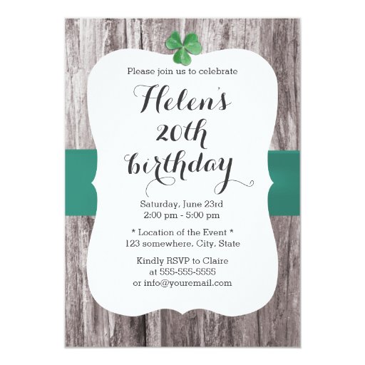 Simple Shamrock Teal Ribbon Wood Birthday Party 5x7 Paper Invitation Card
