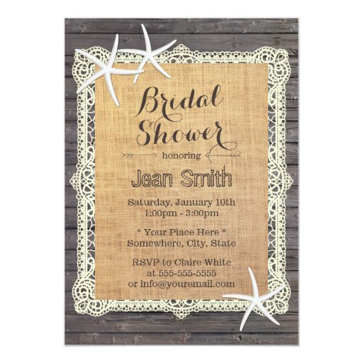 Rustic Burlap & Lace Starfish Bridal Shower 5x7 Paper Invitation Card