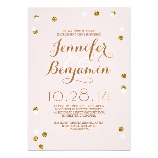 Blush pink & gold confetti modern engagement party 5x7 paper invitation card (front side)