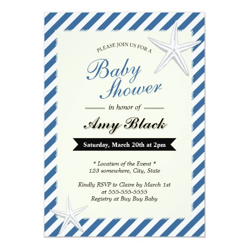 Starfish Blue Stripes Baby Shower Invitations 5" X 7" Invitation Card (front side)