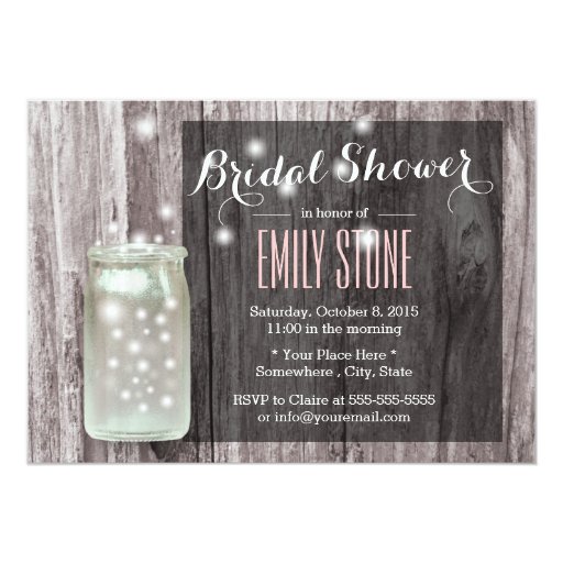 Rustic Mason Jar Firefly Wood Bridal Shower 5x7 Paper Invitation Card (front side)