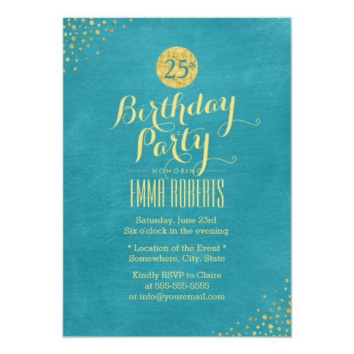Stylish Teal & Gold 25th Birthday Party 5x7 Paper Invitation Card