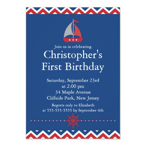 Modern Nautical Sailboat Birthday Party Invitation 5" X 7" Invitation Card (front side)